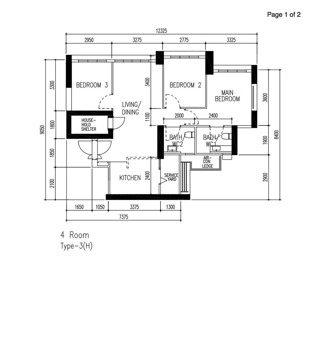 Contemporary, HDB, Skyparc @ Dawson, Interior Designer, Atum Interior, 4 Room Hdb Floorplan, 4 Room, Type 3 H, Original Floorplan