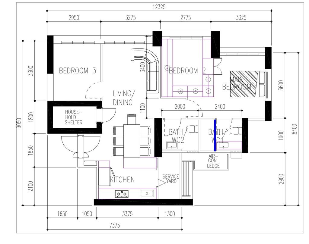 Contemporary, HDB, Skyparc @ Dawson, Interior Designer, Atum Interior, 4 Room Hdb Floorplan, 4 Room, Type 3 H, Final Floorplan