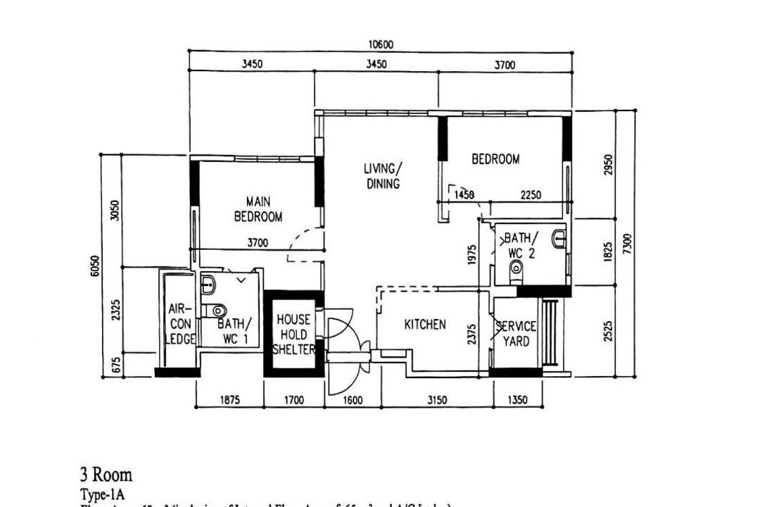 Bidadari Park Drive, Interior Times, Contemporary, HDB, 3 Room Hdb Floorplan, 3 Room, Type 1 A, Original Floorplan