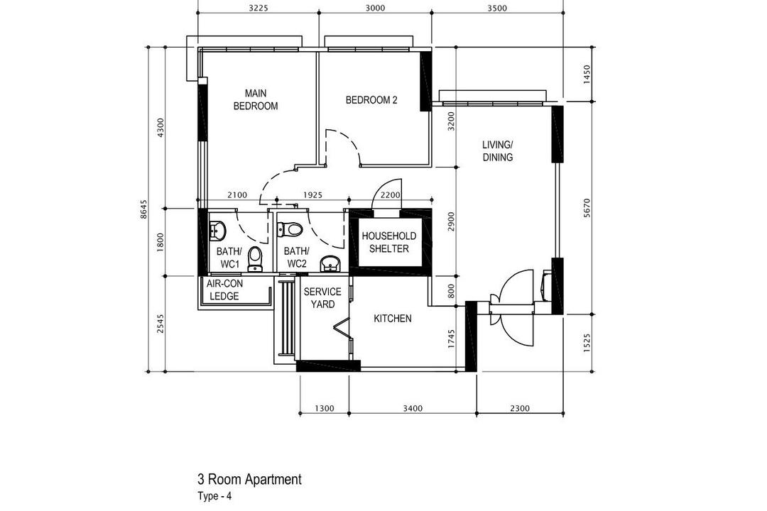 Jalan Tenteram, 85 SQFT, Contemporary, HDB, 3 Room Hdb Floorplan, 3 Room Apartment, Type 4, Original Floorplan