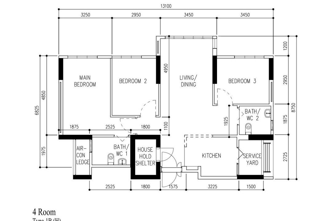 Bidadari Park Drive, 85 SQFT, Contemporary, HDB, 4 Room Hdb Floorplan, 4 Room, Type 1 B H, Original Floorplan