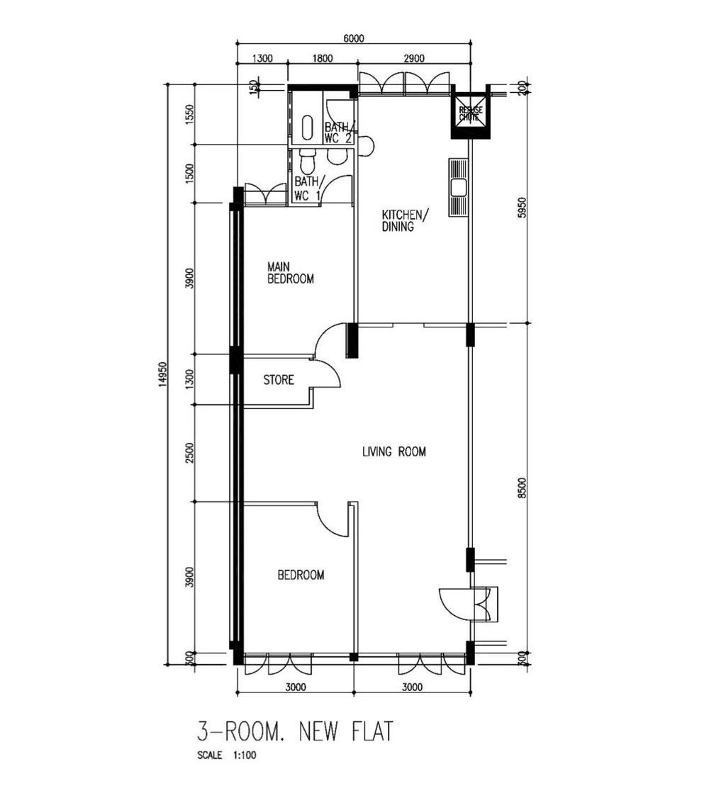 Contemporary, HDB, Bukit Merah Lane 1, Interior Designer, IdeasXchange, 3 Room Hdb Floorplan, 3 Room New Flat, Original Floorplan