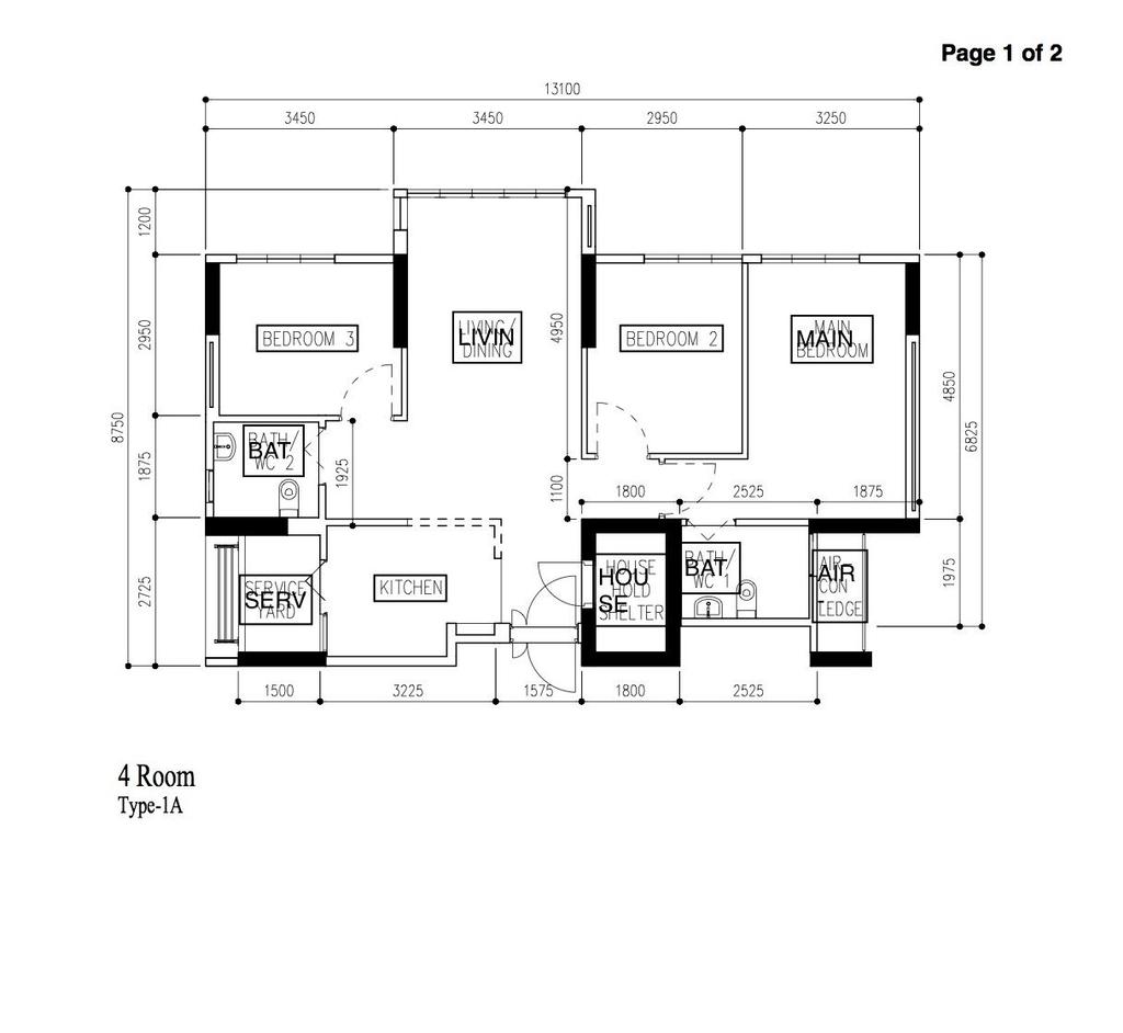 Contemporary, HDB, Bidadari Park Drive, Interior Designer, LOFT.9 Design Studio by Archiwu Interior, 4 Room Hdb Floorplan, 4 Room, Type 1 A, Original Floorplan