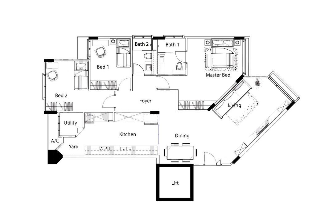 Fairmount Condo, Swiss Interior Design, Contemporary, Condo, 5 Bedder Condo Floorplan, Space Planning, Final Floorplan
