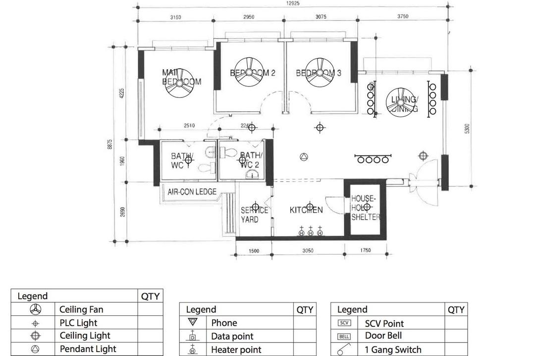 Bukit Batok West Avenue 9, Yang's Inspiration Design, Contemporary, HDB, 4 Room Hdb Floorplan, Electrical Plan, Lighting Plan, Space Planning, Final Floorplan
