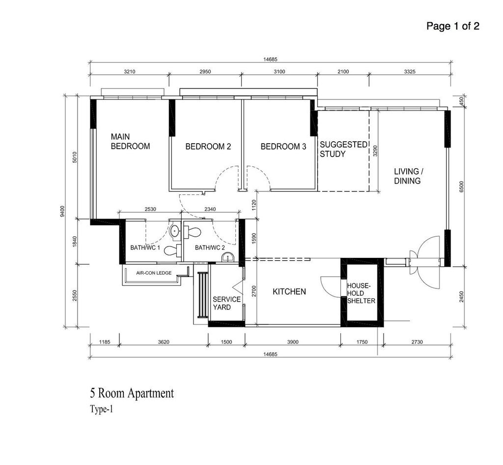 Contemporary, HDB, Tampines Street 45, Interior Designer, MET Interior, 5 Room Hdb Floorplan, 5 Room Apartment, Type 1, Original Floorplan
