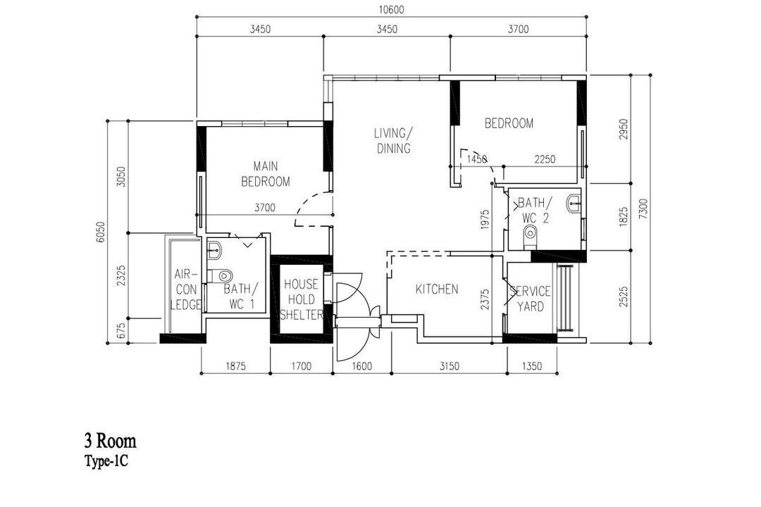 Bidadari Park Drive, Interior Times, Contemporary, HDB, 3 Room Hdb Floorplan, 3 Room, Type 1 C, Original Floorplan
