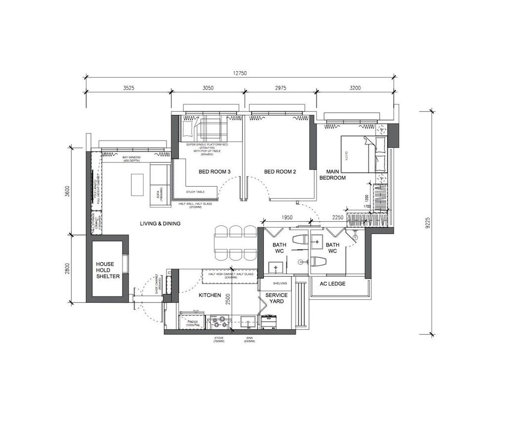 Contemporary, HDB, Bedok South Road, Interior Designer, H Design, 4 Room Hdb Floorplan, 4 Room, Type 2 B H, Final Floorplan