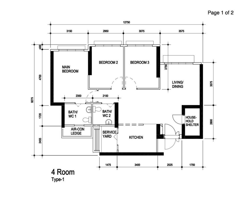 Contemporary, HDB, Ang Mo Kio Court, Interior Designer, Ace's Design, 4 Room Hdb Floorplan, 4 Room, Type 1, Original Floorplan