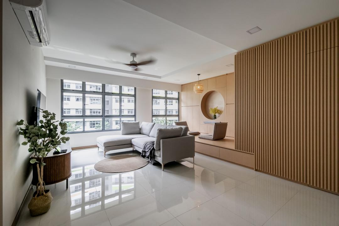 Tampines, Space Atelier, Minimalist, Contemporary, Living Room, HDB, Japandi, Settee, Raised Platform, Fluted Panels, Concealed Door, Household Shelter, Bomb Shelter