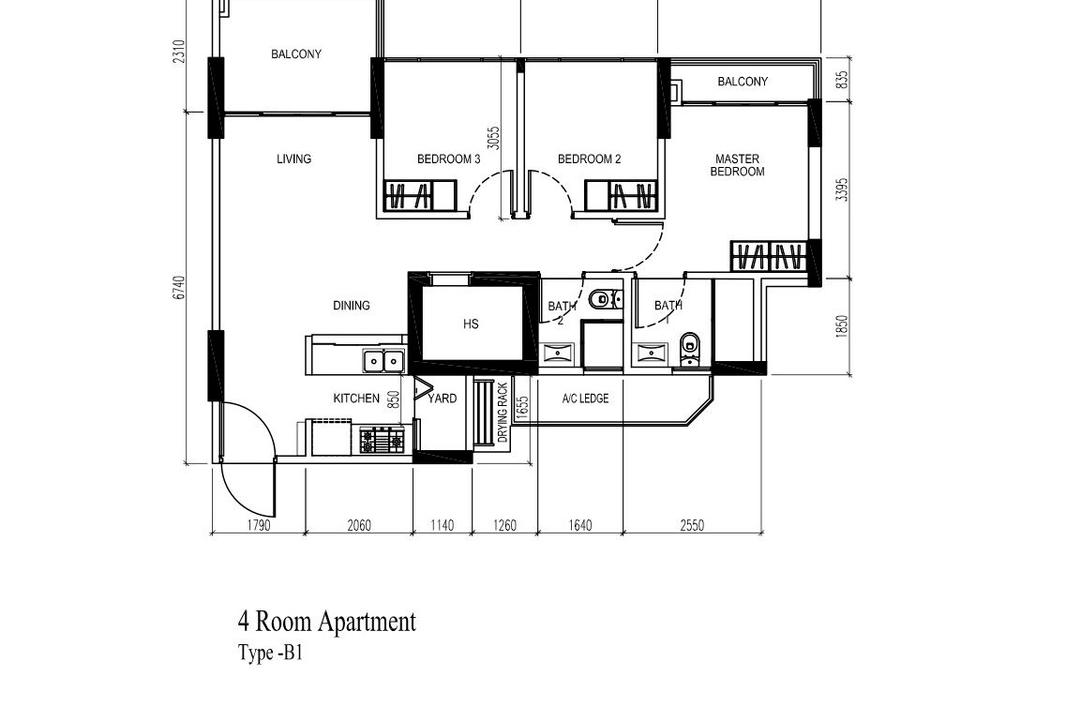 Tampines Central 8, ChengYi Interior Design, Contemporary, Scandinavian, HDB, 4 Room Hdb Floorplan, 4 Room Apartment, Type B 1, Original Floorplan