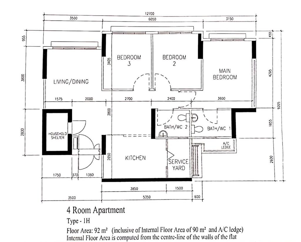 Contemporary, HDB, Anchorvale Road, Interior Designer, Artspaze, 4 Room Hdb Floorplan, 4 Room Apartment, Type 1 H, Original Floorplan