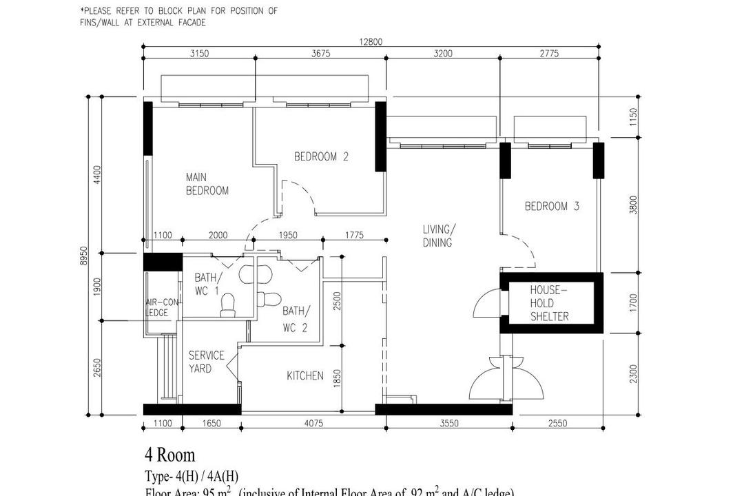Northshore Drive, ChengYi Interior Design, Contemporary, Scandinavian, HDB, 4 Room Hdb Floorplan, 4 Room Type 4 H 4 A H, Original Floorplan
