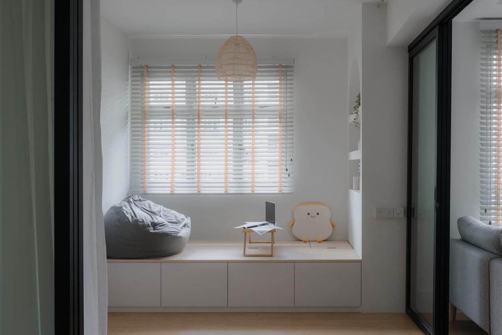 Scandinavian, HDB, Living Room, Keat Hong Close, Interior Designer, Key Concept, Bay Window, Arch, Recessed Shelf, Platform