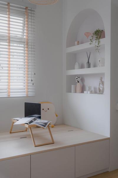 Keat Hong Close, Key Concept, Scandinavian, Living Room, HDB, Settee, Platform, Arch, Recessed Shelf