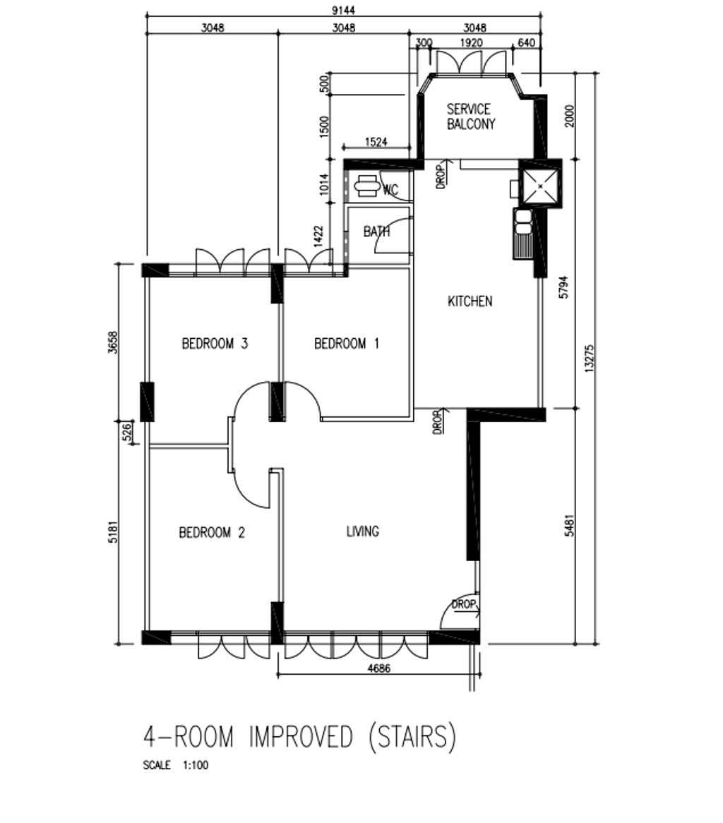 Transitional, HDB, Marine Drive, Interior Designer, Eames & Scales, 4 Room Hdb Floorplan, 4 Room Improved Stairs, Original Floorplan
