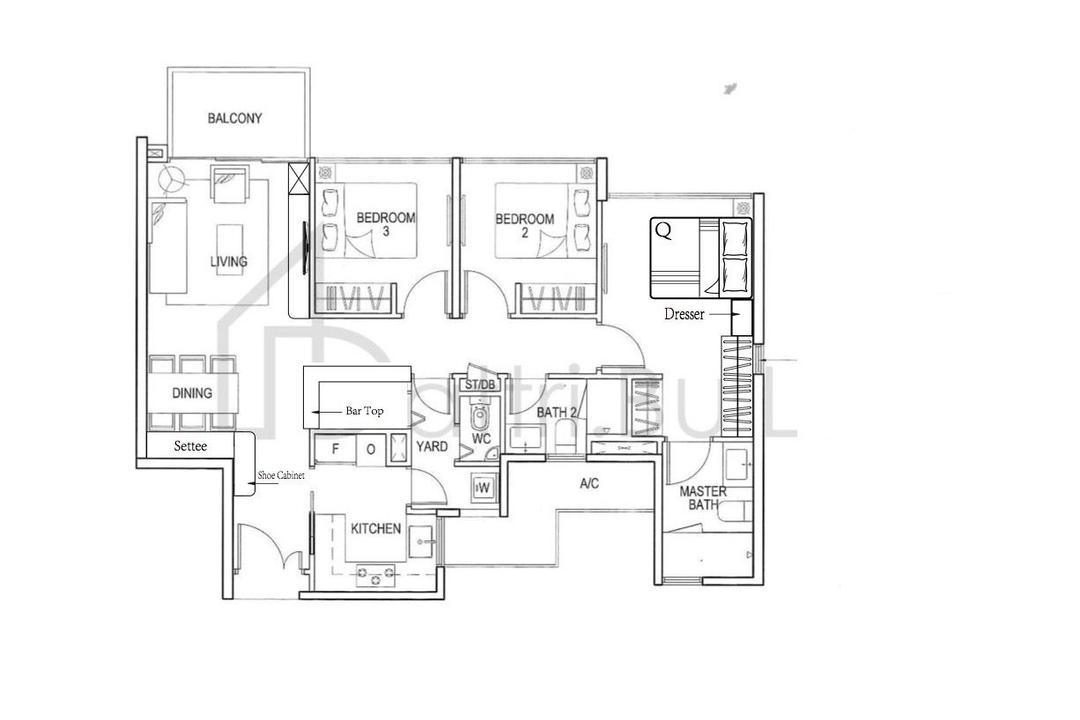 Blossom Residences, Yang's Inspiration Design, Modern, Contemporary, Condo, 3 Bedder Condo Floorplan, Space Planning, Final Floorplan