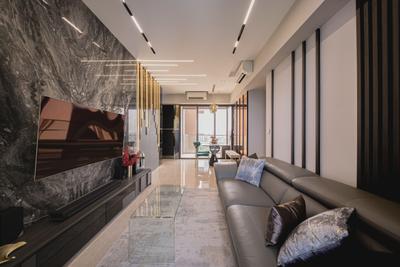 Seaside Residences, Space Atelier, Contemporary, Living Room, Condo, Modern Luxury, False Ceiling, Downlight, Fluted Panels, Tv Console, Dark, Marble
