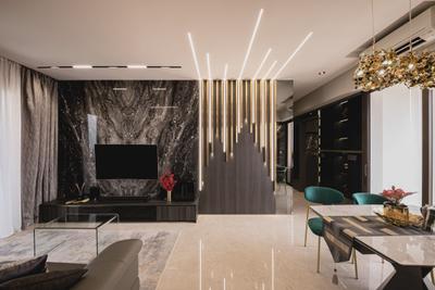Seaside Residences, Space Atelier, Contemporary, Living Room, Condo, Modern Luxury, Living Room, Tv Feature Wall, False Ceiling, Downlight, Tv Console, Dark, Marble