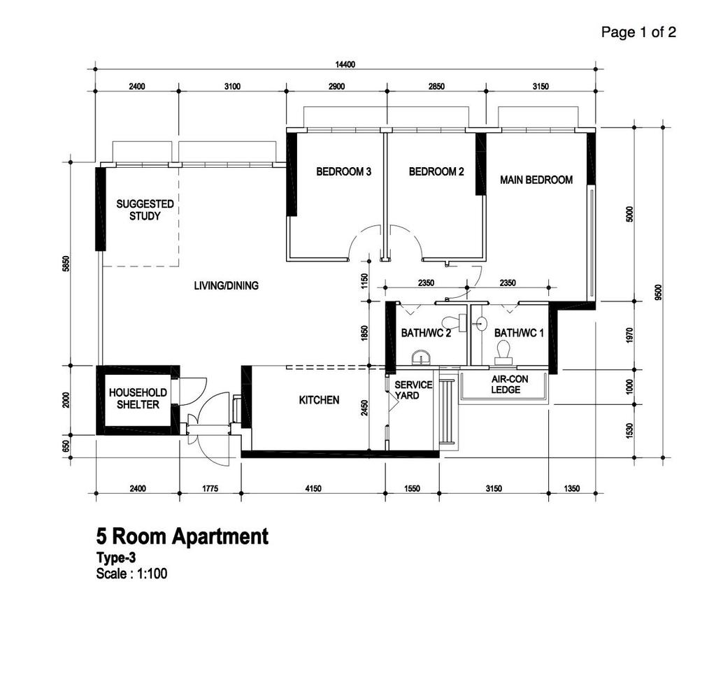 Contemporary, HDB, Northshore Drive, Interior Designer, Mesh Room Design, 5 Room Hdb Floorplan, 5 Room Apartment Type 3, Original Floorplan