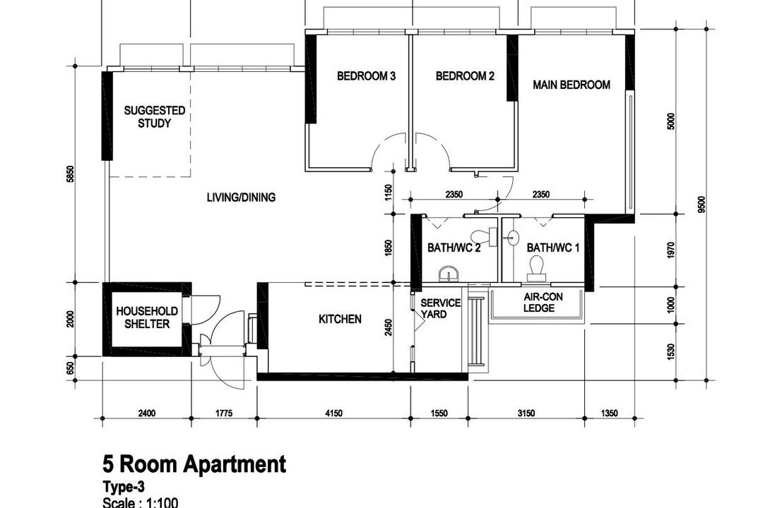 Northshore Drive, Mesh Room Design, Contemporary, HDB, 5 Room Hdb Floorplan, 5 Room Apartment Type 3, Original Floorplan