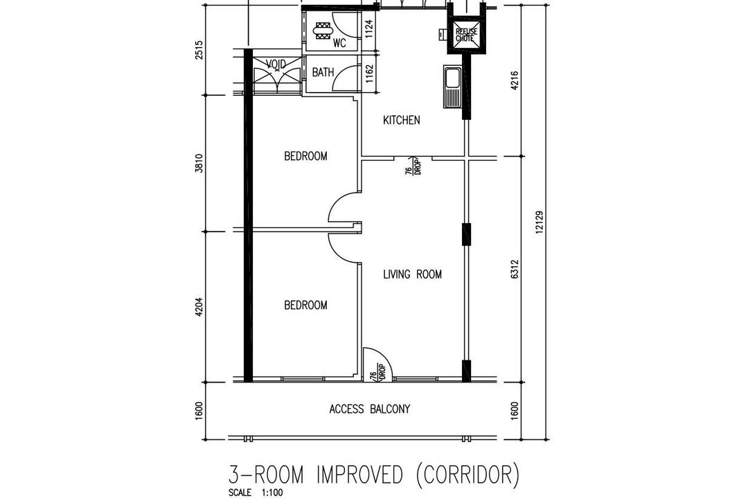 Tanjong Pagar Plaza, Flo Design, Scandinavian, HDB, 3 Room Hdb Floorplan, 3 Room Improved Corridor, Original Floorplan
