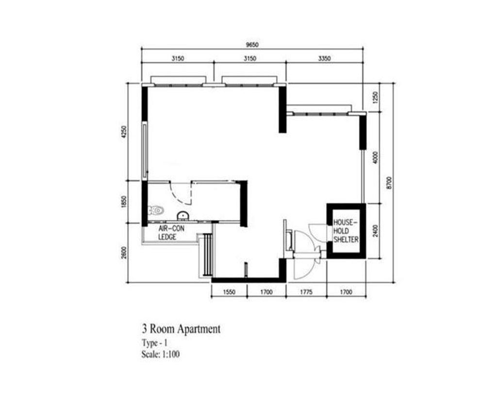 Contemporary, HDB, Sumang Walk, Interior Designer, Glamour Concept, 3 Room Hdb Floorplan, 3 Room Apartment Type 1, Original Floorplan