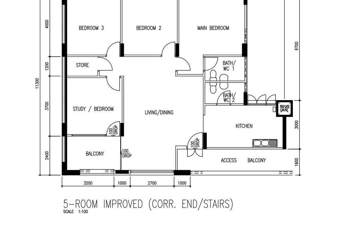 Lengkong Tiga, Insight.Out Studio, Scandinavian, HDB, 5 Room Hdb Floorplan, 5 Room Improved Corr End Stairs, Original Floorplan