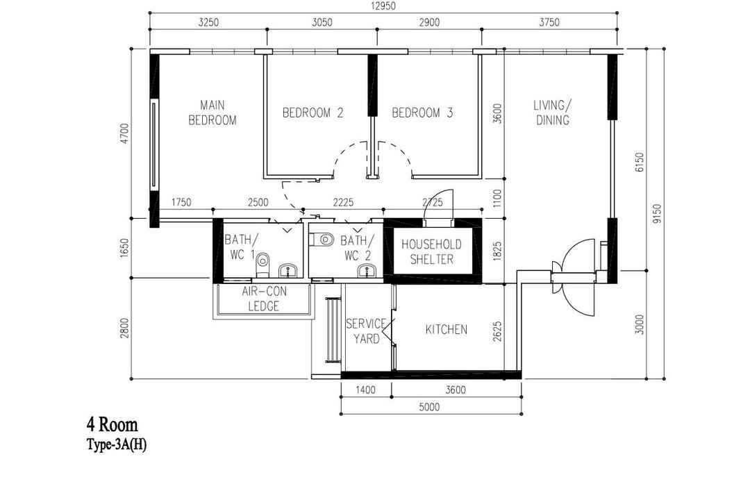 Alkaff Crescent, H Design, Contemporary, HDB, 4 Room Hdb Floorplan, 4 Room Type 3 A H, Original Floorplan