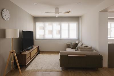 Pasir Ris Drive 10, The Interior Lab, , Living Room, , Ceiling Fan, Downlight, Recessed Lighting, Grey Wall, Blind, Wooden Tv Console, Carpet