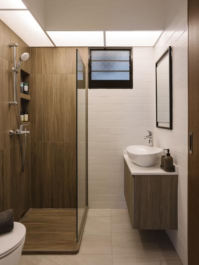 Pine Vista, ChengYi Interior Design, Modern, Contemporary, Bathroom, HDB, Wooden Tiles, White Wall Tiles, Vanity