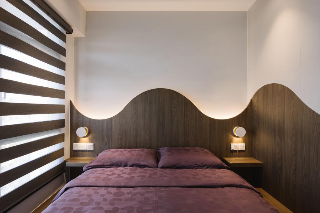 Modern, HDB, Bedroom, Pine Vista, Interior Designer, ChengYi Interior Design, Contemporary, Wall Light, Blind, Wooden Side Table, Bedhead