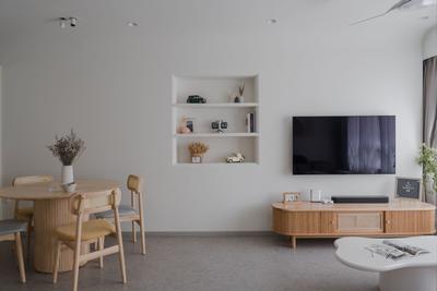 Anchorvale Street, Key Concept, Minimalist, Living Room, HDB, Tv Console, Downlight, Wabi Sabi, Recessed Shelf, Wooden Table, Ratten, Tile