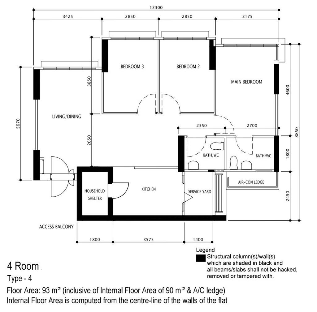 Modern, HDB, Tenteram Peak, Interior Designer, Flo Design, 4 Room Hdb Floorplan, 4 Room Type 4, Original Floorplan