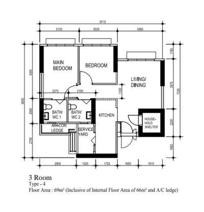 Pine Lane, The Interior Lab, Scandinavian, HDB, 3 Room Hdb Floorplan, 3 Room Type 1, Original Floorplan