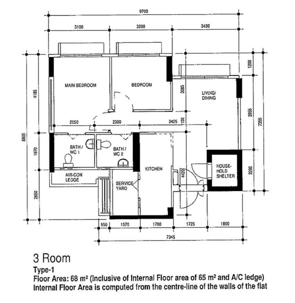Modern, HDB, Alkaff Oasis, Interior Designer, Flo Design, Original Floorplan, 3 Room Hdb Floorplan, 3 Room Type 1