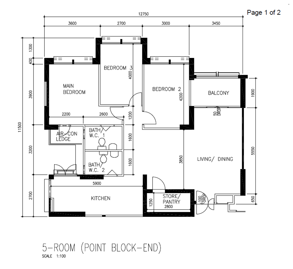 Contemporary, HDB, Kim Tian Place, Interior Designer, The Interior Lab, 5 Room Point Block End, Original Floorplan
