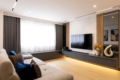 Elias Road, Forefront Interior, Contemporary, Living Room, HDB, Fluted Panels, Tv Console, Tv Feature Wall, Downlight, Bay Window, Window Seat, Mirror Panel