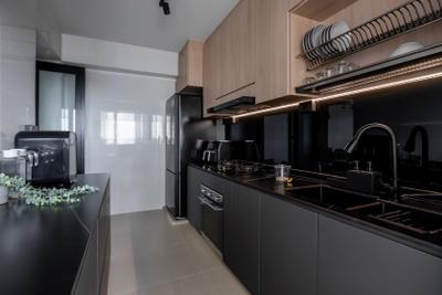 Punggol East Drive, Yang's Inspiration Design, Contemporary, Kitchen, HDB, Black, Black Countertop, Black Backsplash, Kitchen Cabinets, Floor Tiles