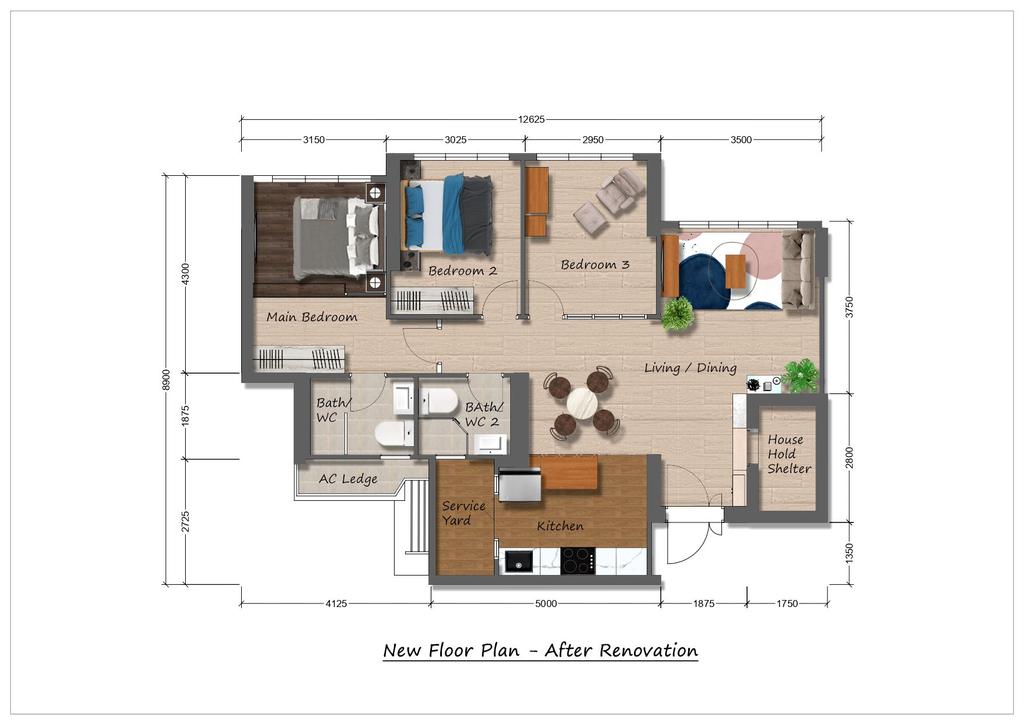 Contemporary, HDB, Blossom @ Yishun, Interior Designer, Homemaker Builder, 4 Room Hdb Floorplan, Space Planning, Final Floorplan
