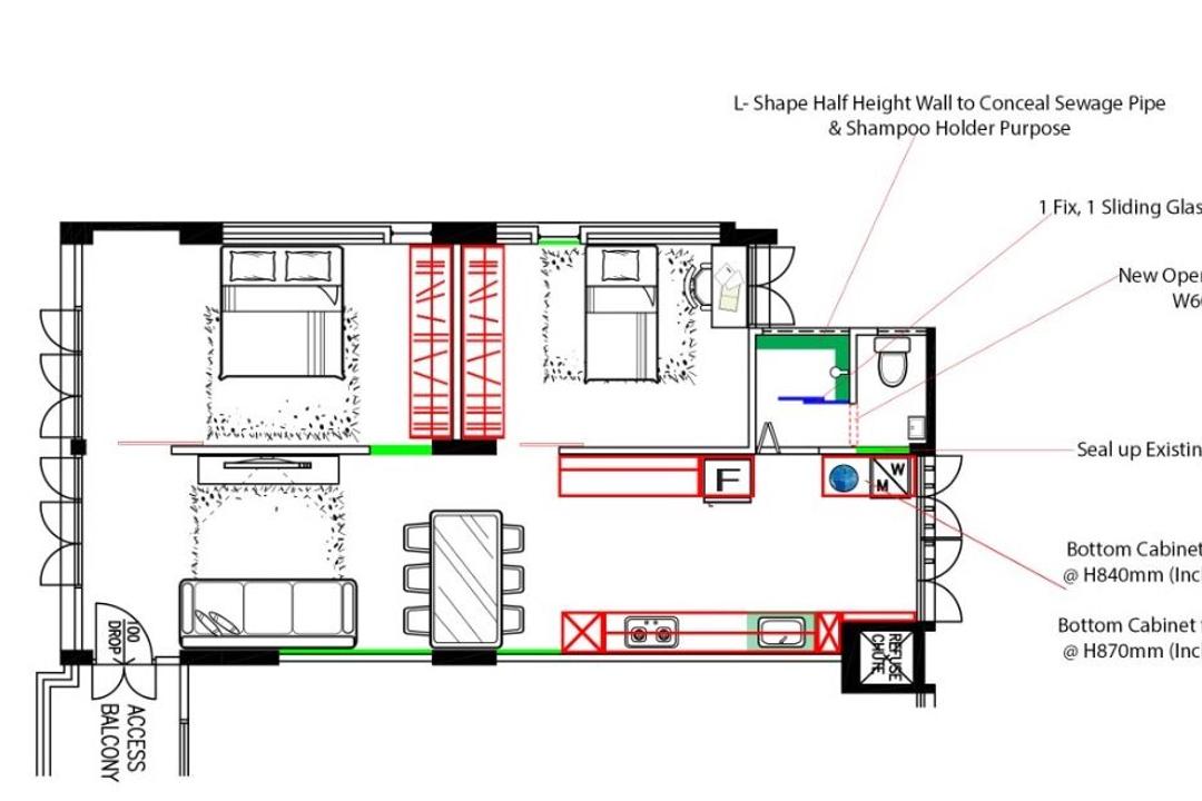 Bedok North, Great Oasis Interior Design, Modern, HDB, Space Planning, Final Floorplan, 3 Room Hdb Floorplan, 3 Room Improved Modified