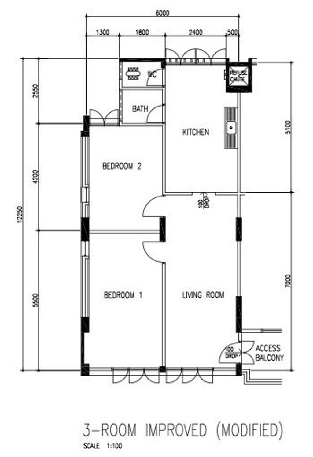 Modern, HDB, Bedok North, Interior Designer, Great Oasis Interior Design, Original Floorplan, 3 Room Hdb Floorplan, 3 Room Improved Modified