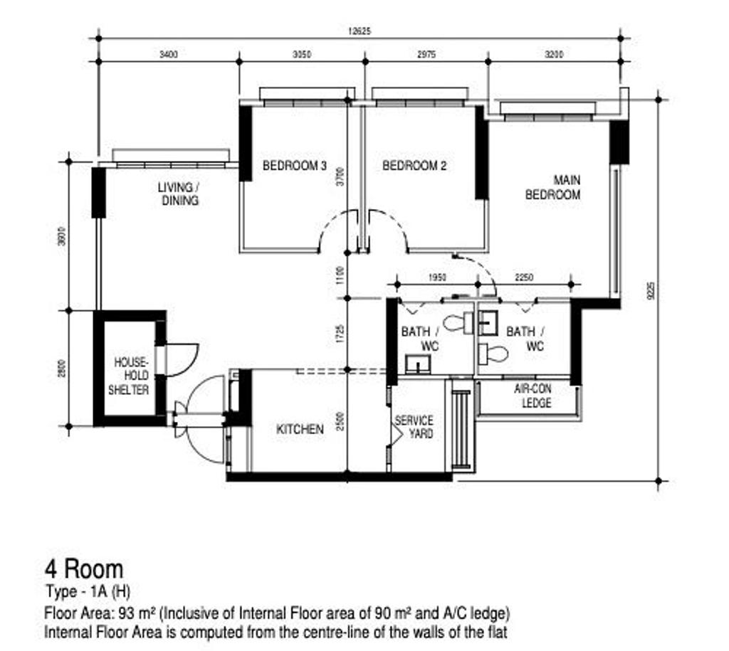 Contemporary, HDB, Bedok South Road, Interior Designer, Posh Home, 4 Room Hdb Floorplan, 4 Room Type 1 A H, Original Floorplan