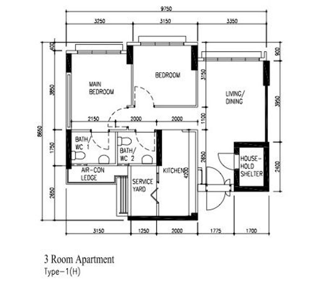 Modern, HDB, Upper Serangoon Crescent, Interior Designer, Yang's Inspiration Design, 3 Room Hdb Floorplan, 3 Room Apartment Type 1 H, Original Floorplan