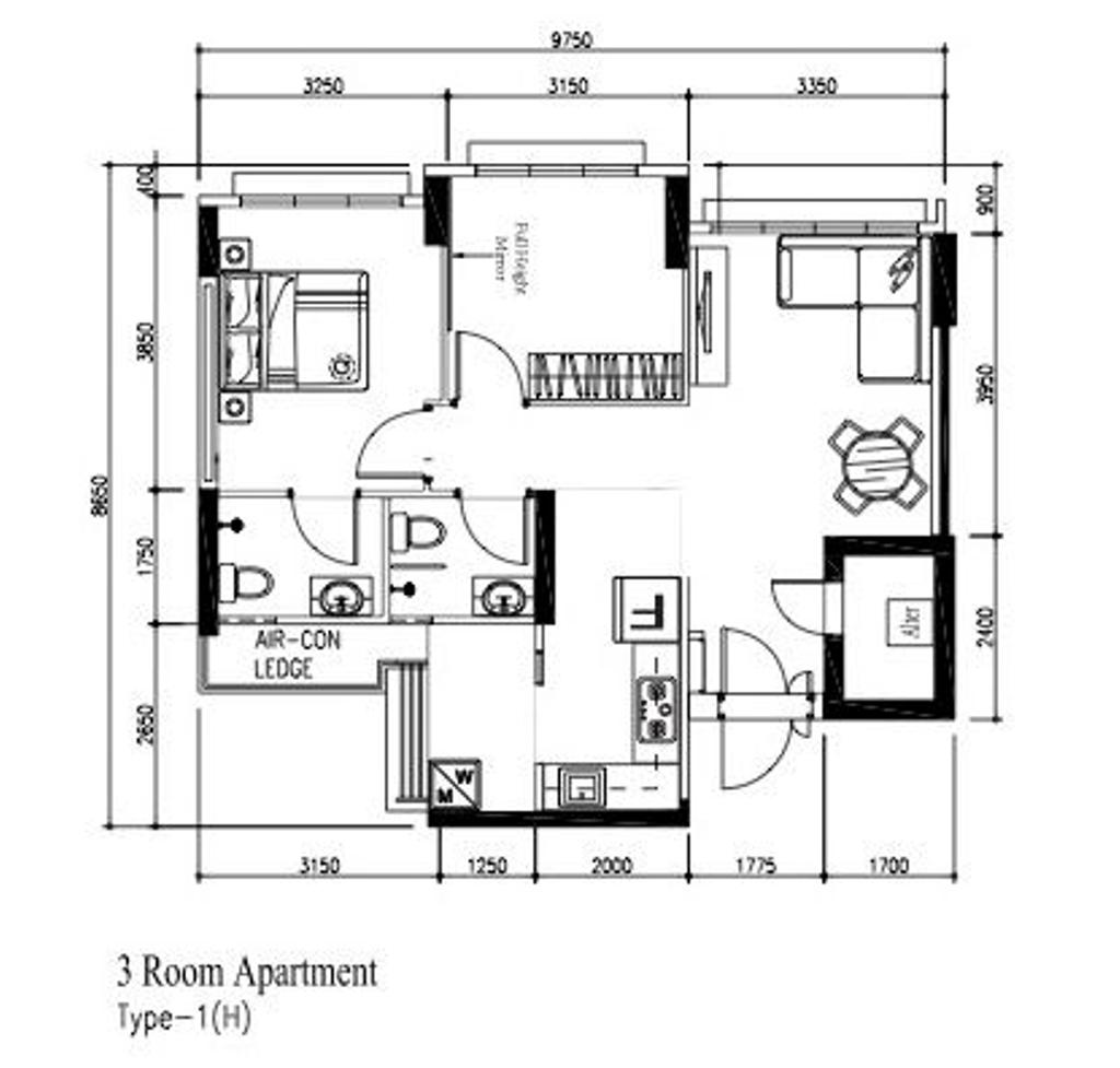 Modern, HDB, Upper Serangoon Crescent, Interior Designer, Yang's Inspiration Design, 3 Room Hdb Floorplan, 3 Room Apartment Type 1 H, Space Planning, Final Floorplan