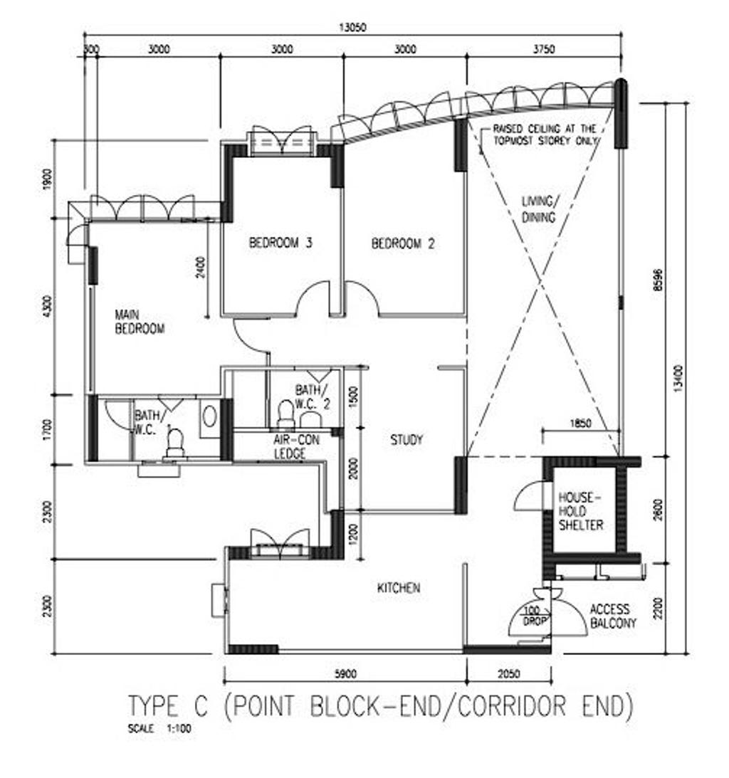 Modern, HDB, Edgefield Plains, Interior Designer, Charlotte's Carpentry, Executive Apartment Floorplan, Type C Point Block End Corridor End, Original Floorplan