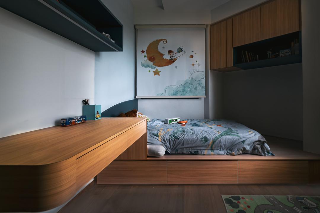 Sanctuary Green, Orange Interior, Contemporary, Bedroom, Condo, Platform Bed, Kids Room