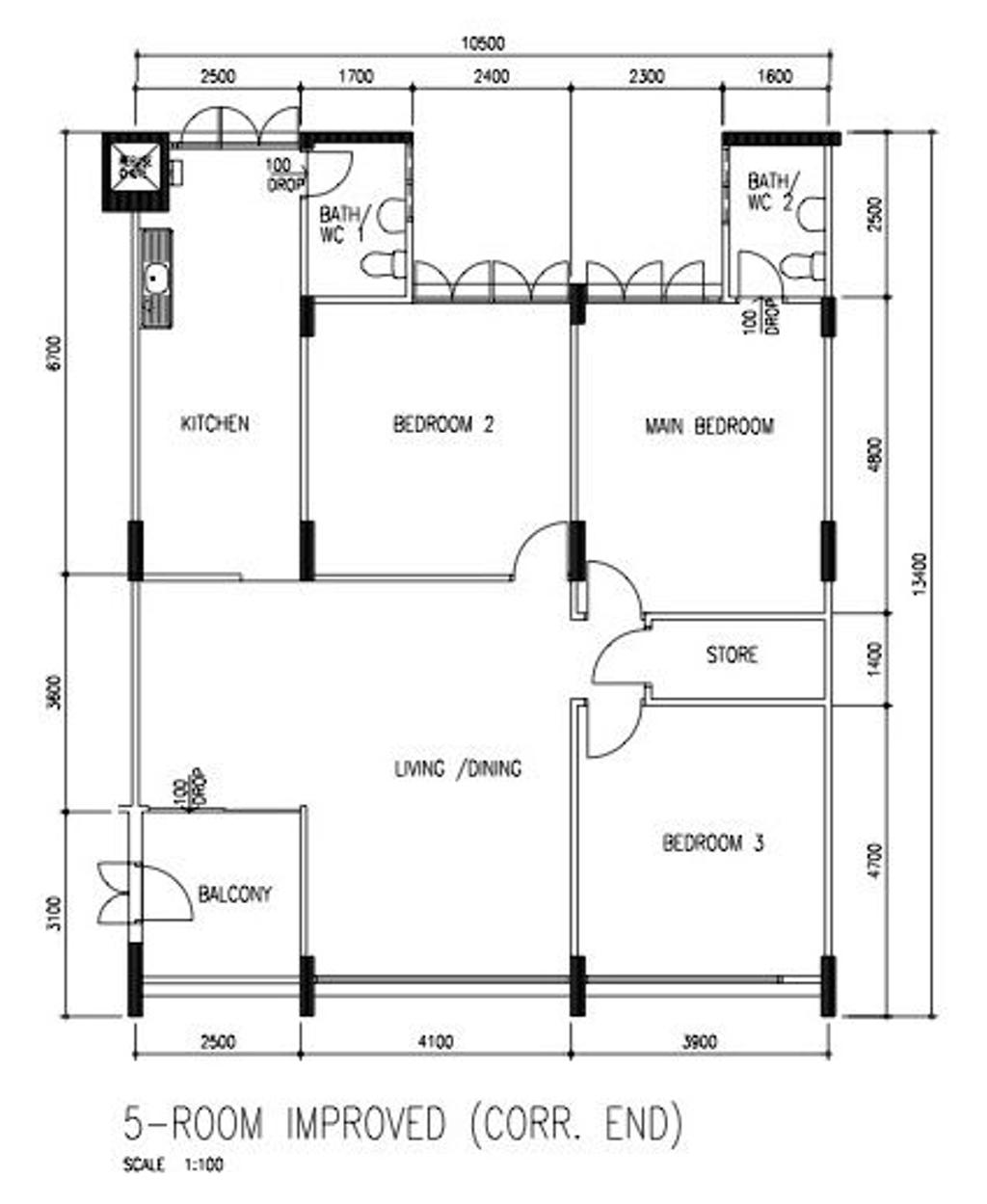 Modern, HDB, Bukit Batok Street 33, Interior Designer, Design Identity, 5 Room Hdb Floorplan, 5 Room Improved Corr End, Original Floorplan