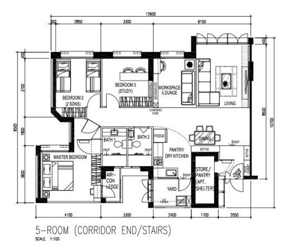 Retro, HDB, Strathmore Avenue, Interior Designer, Yang's Inspiration Design, 5 Room Corridor End Stairs, 5 Room Hdb Floorplan, Space Planning, Final Floorplan