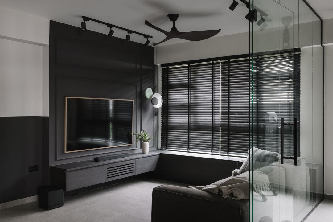 Senja Close, ChengYi Interior Design, Contemporary, Living Room, HDB, Monochrome, Black